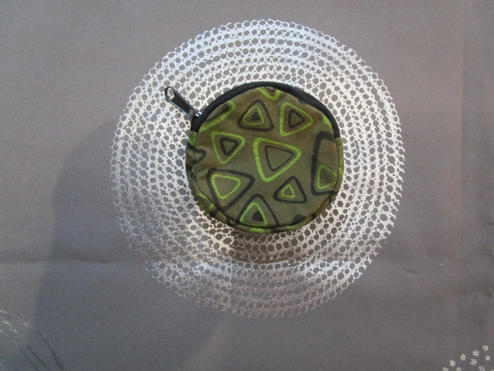 Porte-monnaie rond en tissu 100 % coton Style ethnique Fermeture zippée – Vert Kaki Ø 10 cm P010